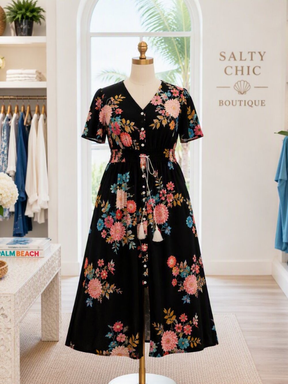 Resort Floral Maxi Dress Button-Front  Dress in Black Pin Up Fashion